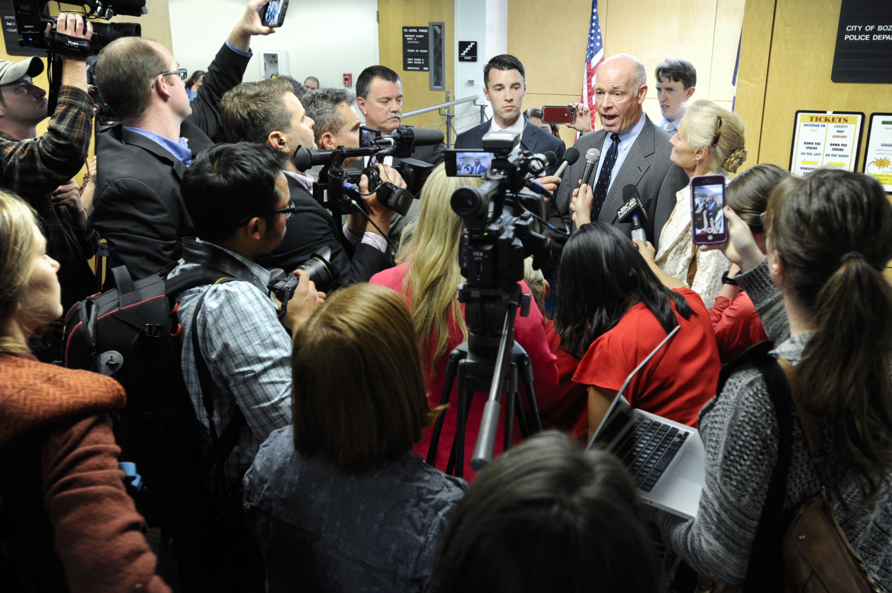 Republican congressman-elect Greg Gianforte speaks to members of the press Monday morning